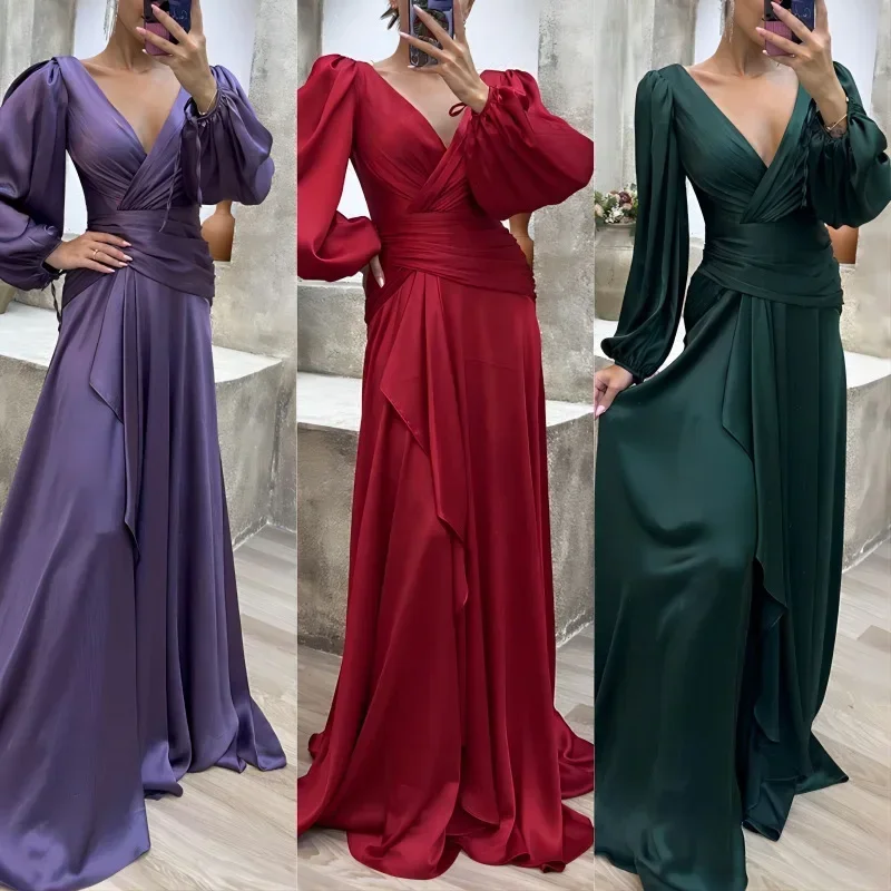 

Women Solid Elegant Pleated Gown Long Dress Deep V Neck Full Lantern Sleeve Floor Length A Line Dresses Splice 2023 Autumn