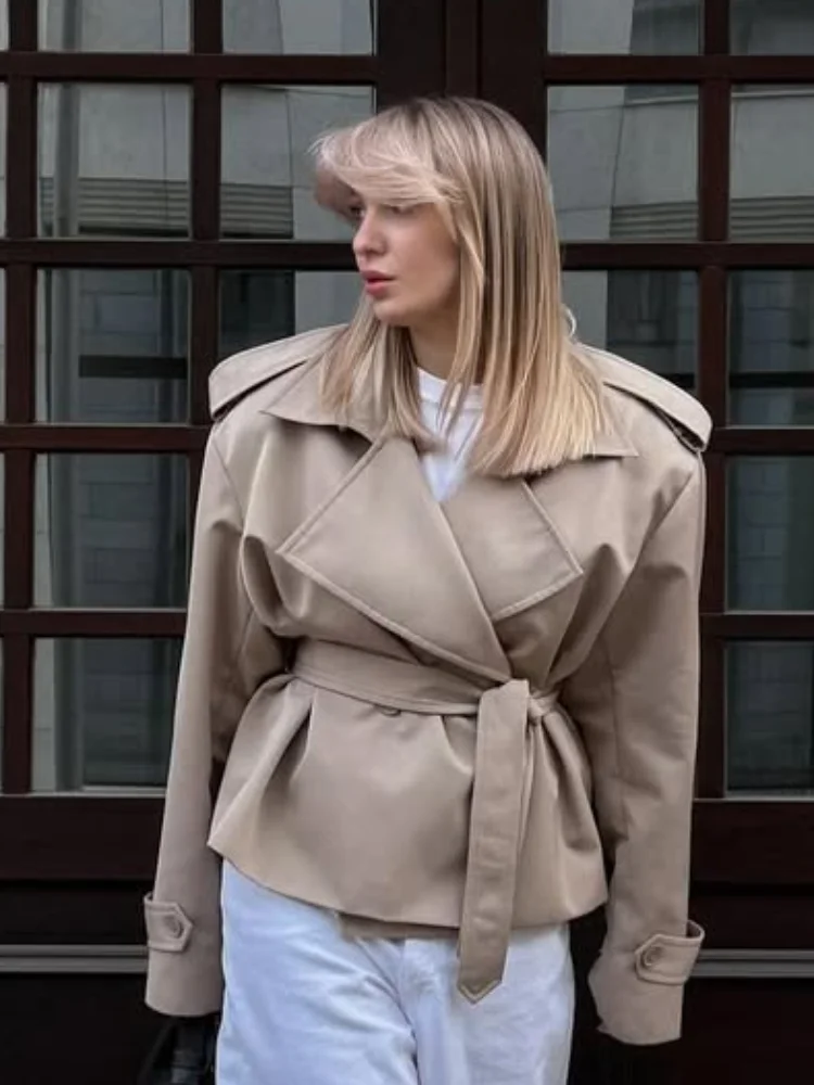 

Lace-up Cropped Khaki Women Trench Coat Casual Lapel Long Sleeve Wide Shoulder Windbreaker Jacket Fall Commute Daily Streetwear