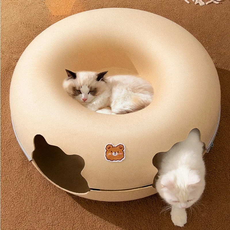 Cute Cartoon Shaped Interactive Toy for Cats House Felt Tunnel Cave Beds Removable Donut with Zipper Nest Basket Kitten Supplies