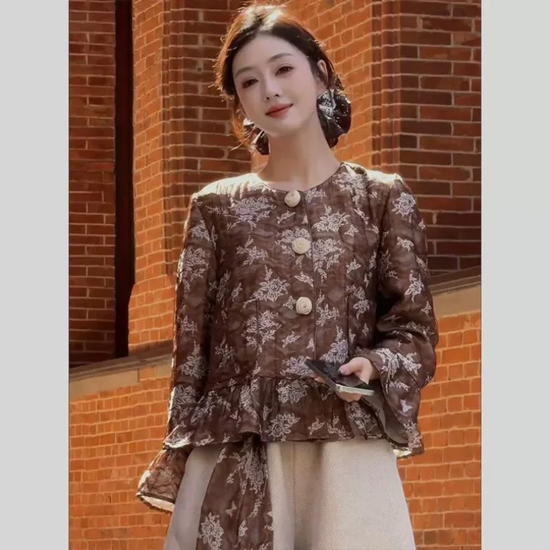 

French Style Flower Print Blouse Women 2025 New Spring O-neck High End Long Sleeve Single Breasted womens Shirt Casual Tops