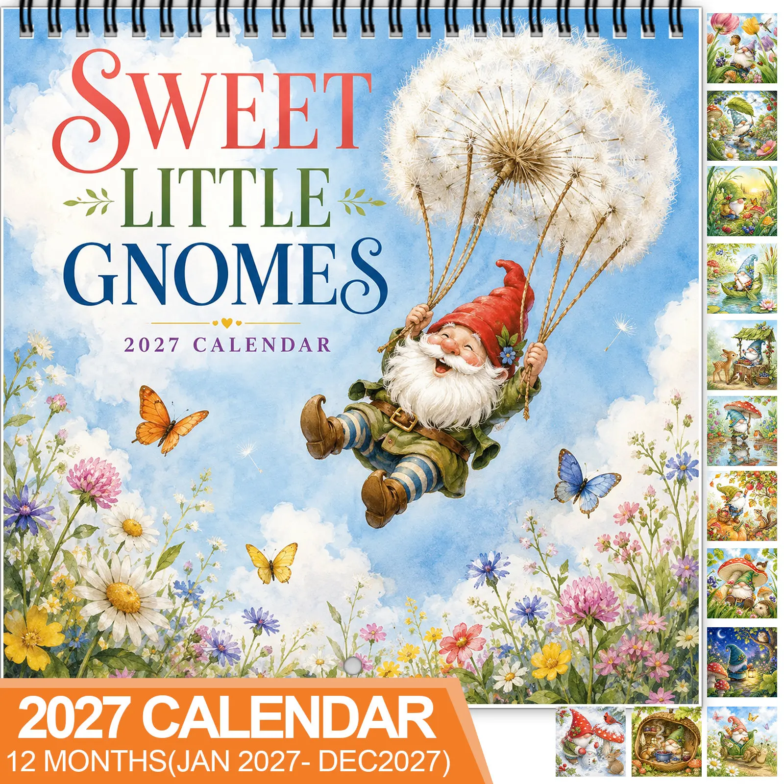2027 Sweet Little Gnomes Wall Calendar, Spiral-Bound 12-Month Charming Calendar With Writable Date Blocks, Home Office Decor