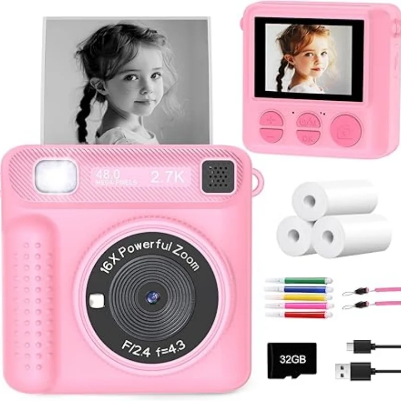 Cámara Digital de impresión instantánea para niños, cámara de vídeo y fotografía de 1080H con tarjeta de 32GB para niños y niñas, regalo de cumpleaños y Navidad