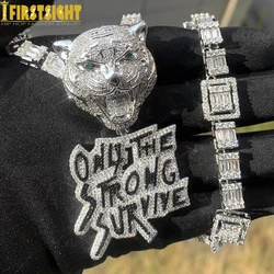 New Iced Out Bling CZ Letter Leopard Pendant Necklace Two Tone Color Cubic Zirconia Only The Strong Survive Men Hip Hop Jewelry