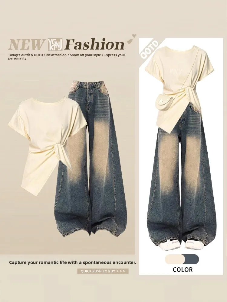 

Summer New Blue Denim Two-Piece Set Slim Fit ort Sve Asymmetrical Design Waist-Cinching High Slit Faion Women's Ensemble