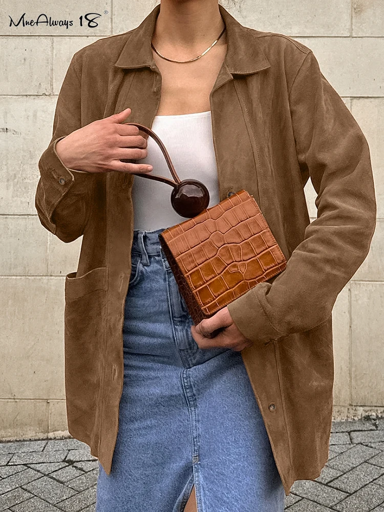 Mnealways18 Brown Vintage Suede Jackets Women Double Pockets Turn Down Collar Loose Outerwear Streetwear 2024 Female Fall Winter