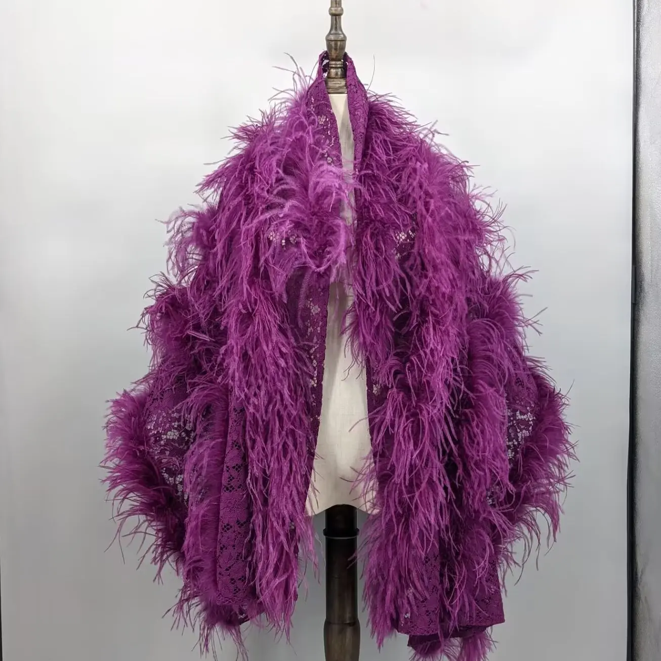 Women Purple Real Ostrich Feather Lace Sheer Shawl Wrap Wedding Cocktail Party Bridal Evening Cape Cover Up 23A0407