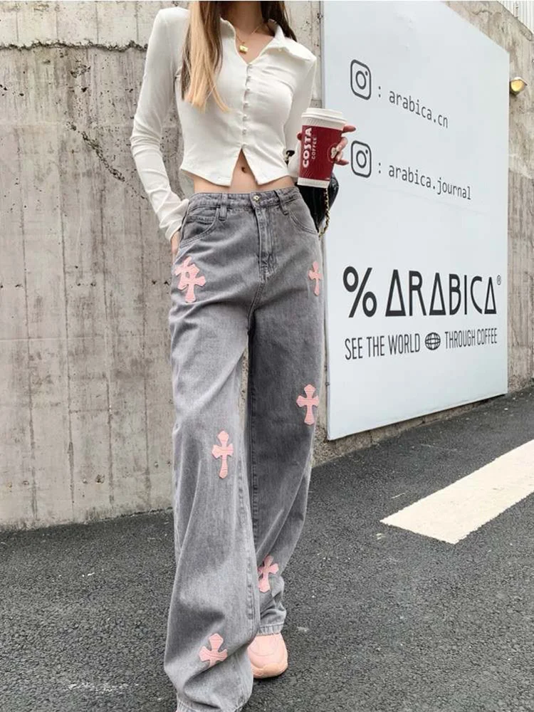 

Y2K Casual women pink Cross print Straight Wide legs punk Jeans Gothic Neutral New Loose Hip-hop Youth Streetwear Denim Trousers