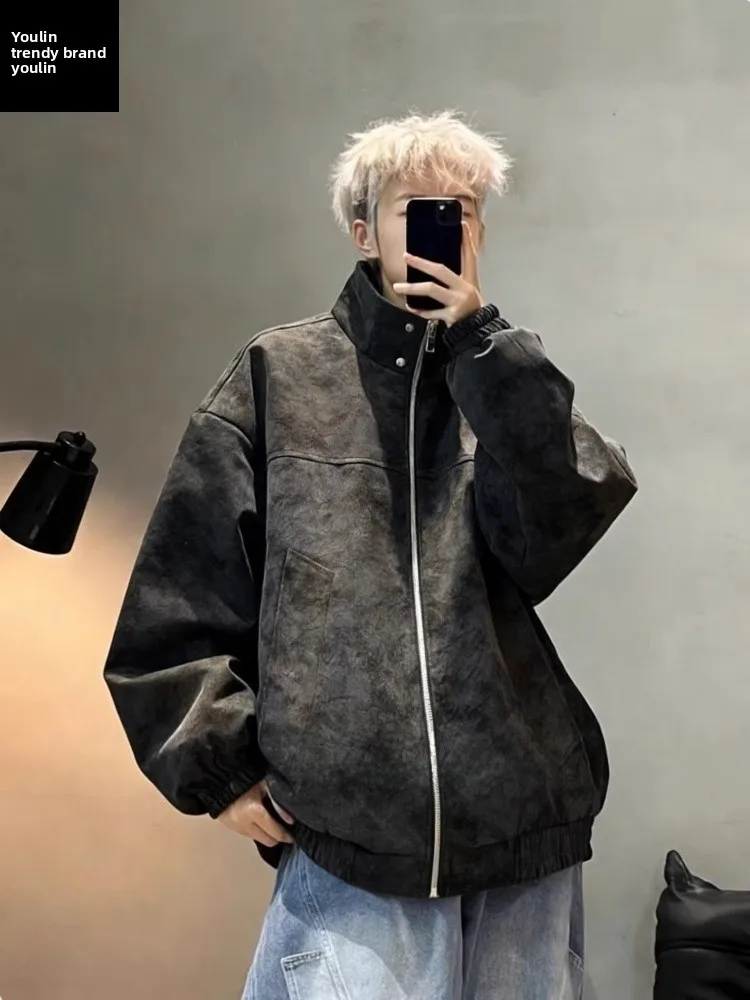 

Мужская зимняя куртка из кожи и хлопка с эффектом тай-дай, с воротником-стойкой, на флисовой подкладке, утепленная, для мотоциклистов, теплая