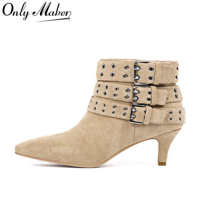 

Onlymaker Women Pointed Toe Flock Buckle Strap Ankle Boots Kitten Heel Stiletto Big Size Lady Fashion Booties