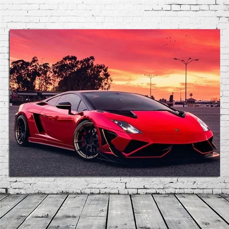 Supercars Lamborghini Gallardo Red Sunset Racing Cars Canvas Painting Posters Prints Wall Art Picture for Living Room Home Decor