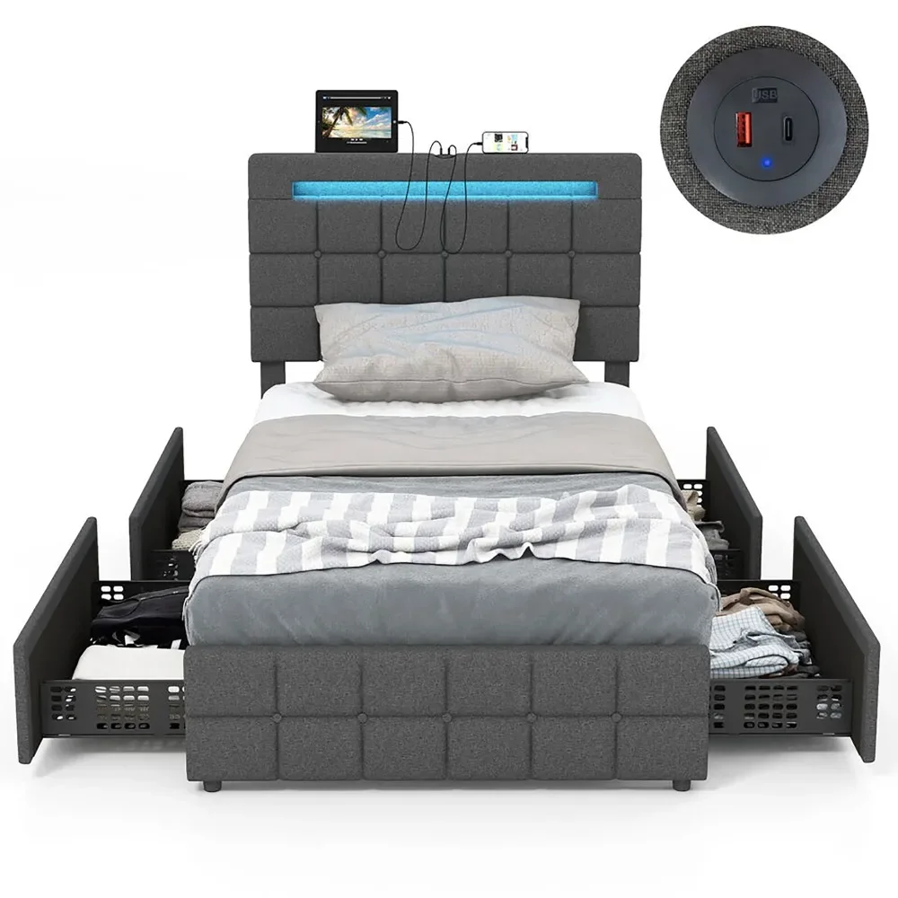 

Modern Twin Upholstered Platform Bed with LED Headboard Charging Station Storage Drawer