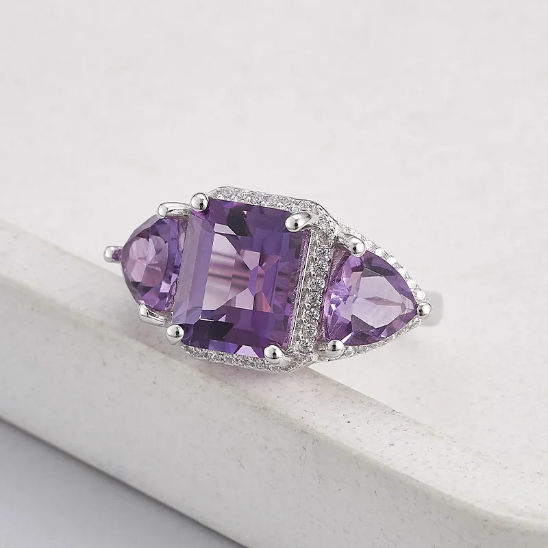 S925 Sterling Silver Charms Rings for Women Geometric Square Shaped  Amethyst Inlaid Micro Zircon Fashion Jewelry Wholesale