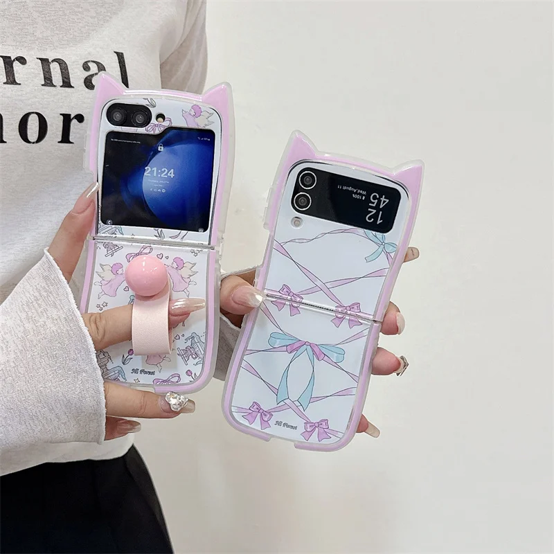 For Samsung Galaxy Z Flip 6 5 4 3 Case ZFlip6 Z Flip6 ZFlip 6 Cute Bow Ring Cat Ears Shockproof Cover