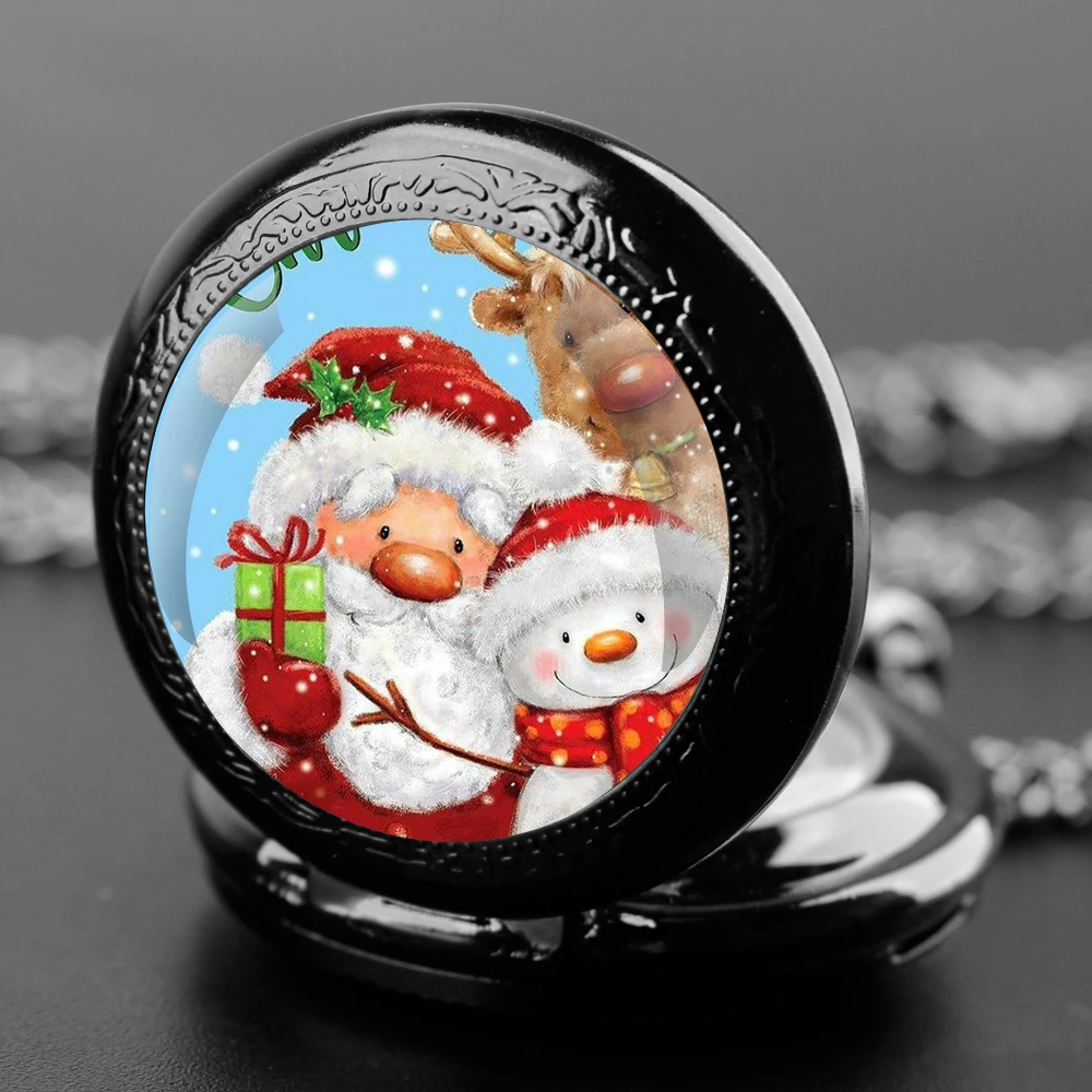 Christmas Santa Snowman Glass Dome Quartz Pocket Watch With Durable Chain Arabic Numeral Dial Extraordinary Gifts for Men Kids