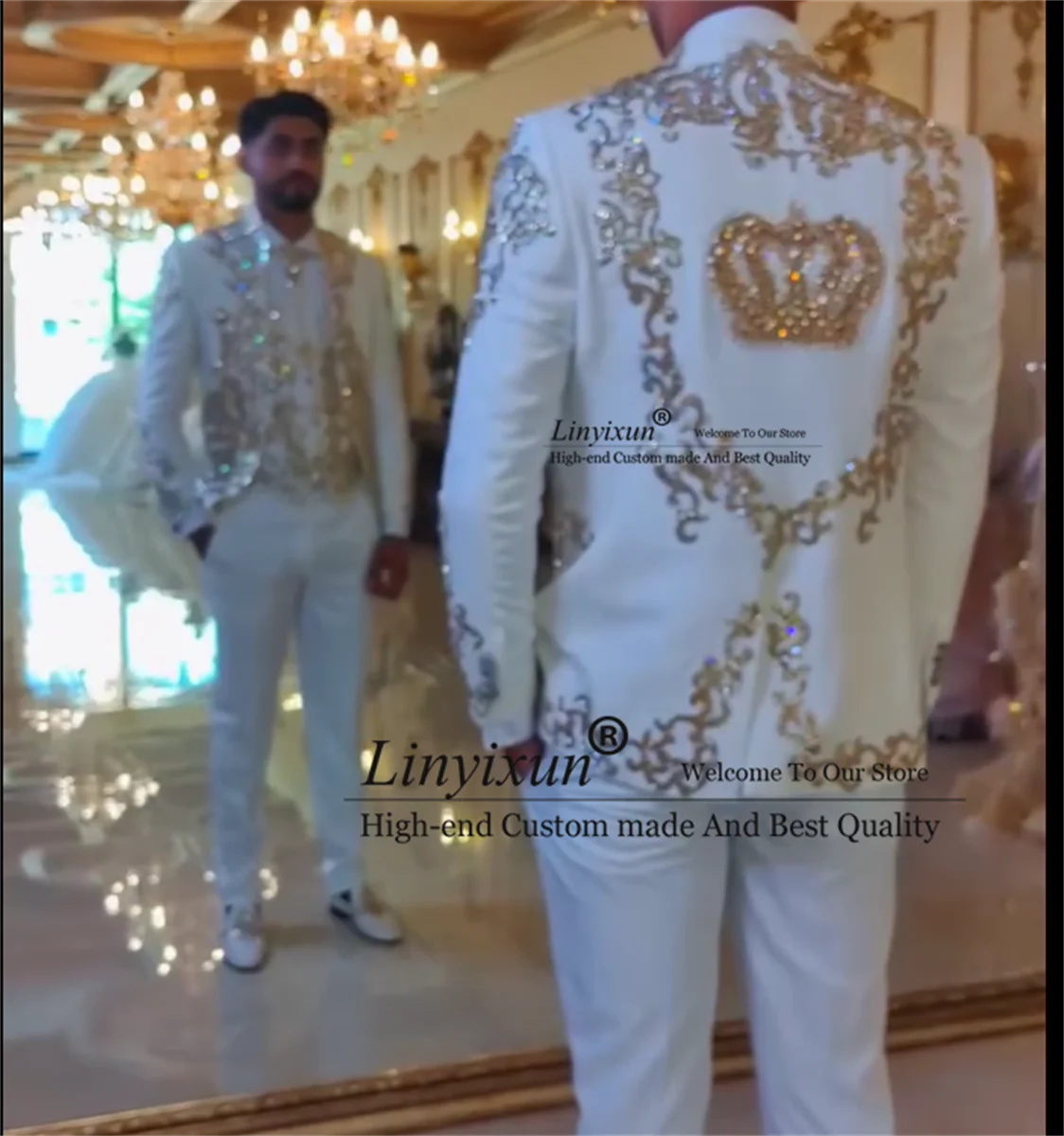 

Sparkly Men's Diamond Designed Suits Customized Groom Tuxedos Luxury Beaded Customized Prom Party Blazer trajes para hombre