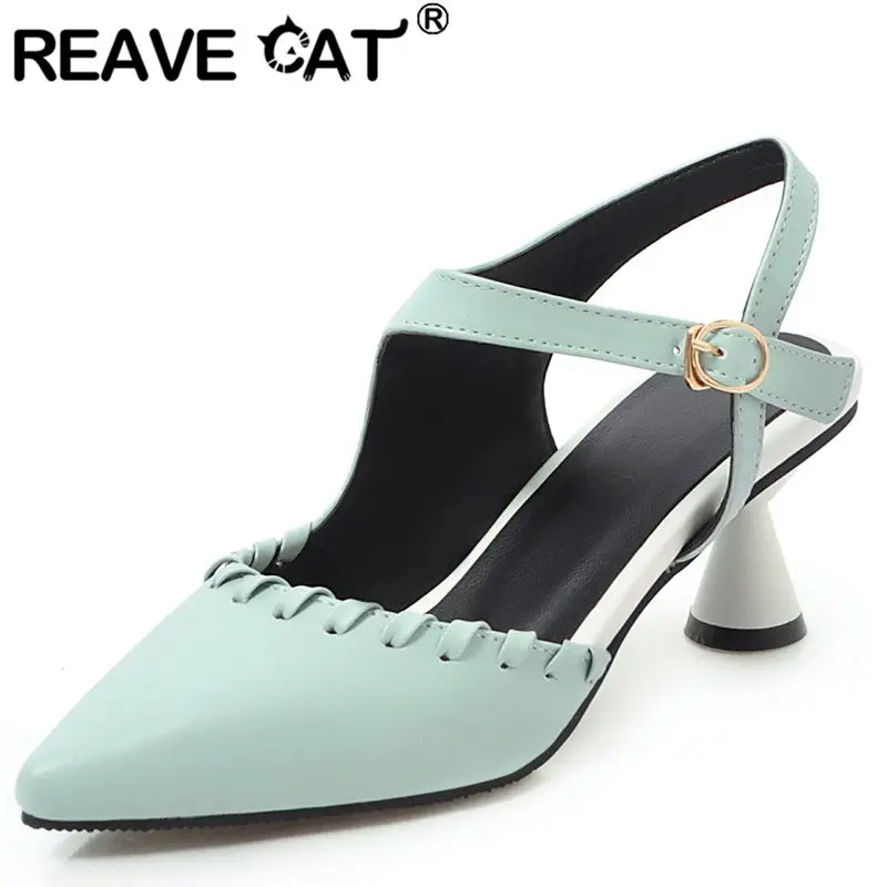 

REAVE CAT 2025 Сладкие женские сандалии с острым носком на странном каблуке 6 см с пряжкой и ремешком Большой размер 41 42 43 Повседневная обувь для девочек 31 32 33