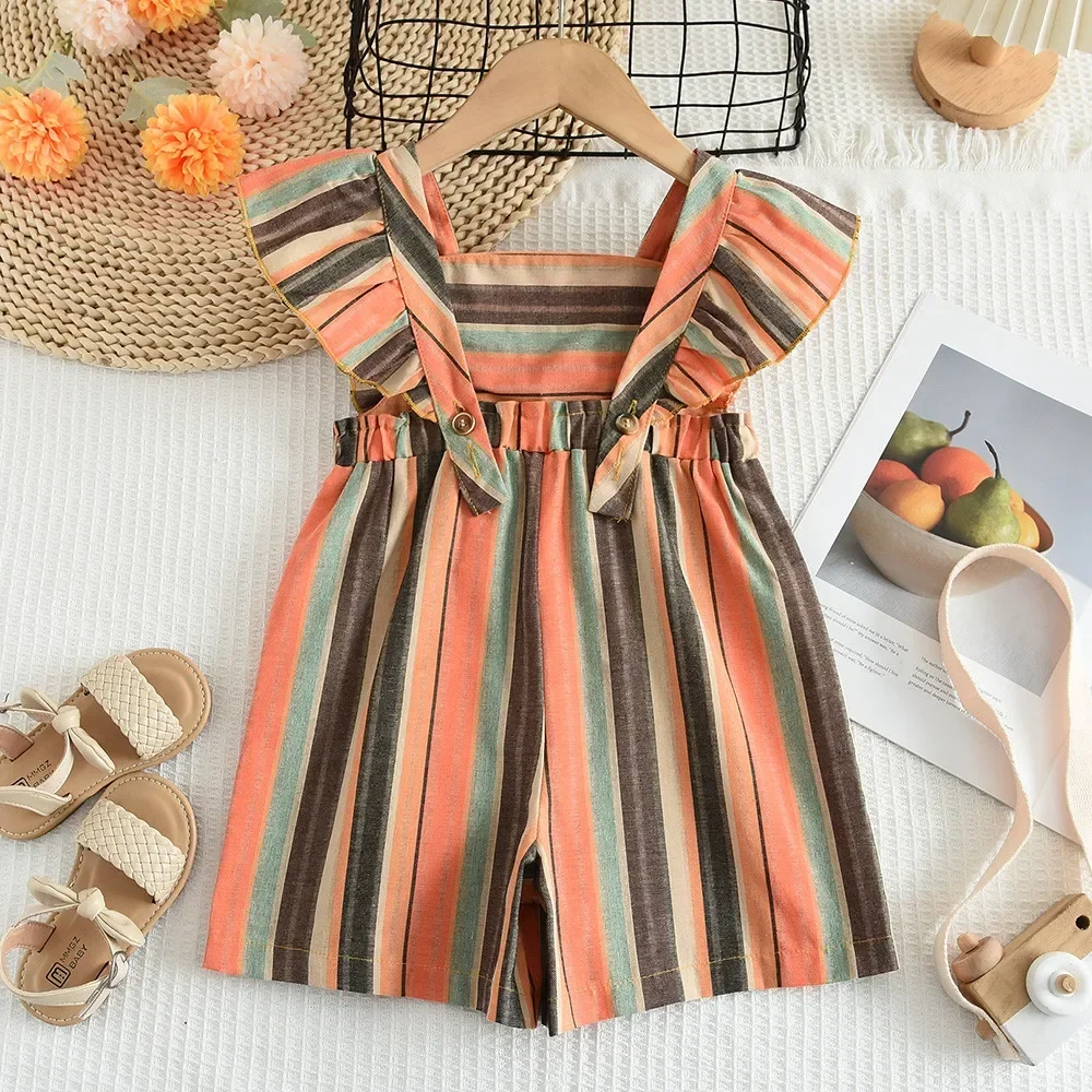 

Summer Fashionable and Simple Flying Sleeve Girls Clothes New Vertical Striped Kids Jumpsuit One-piece 3 To 7 Years Old