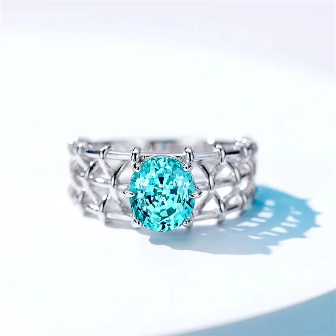 

S925 Silver Cultured Paraiba Ring 3 Carat Lab Grown Cultured Stone Colored Diamond Ring