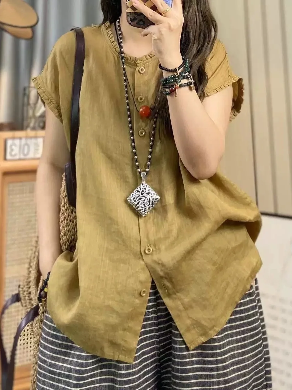 

Elegant Artistic Cotton Linen Open Cardigan Women's Summer 2026 Simple Earlet Splicing Breathable Skin-friendly Loose Fit Shirt