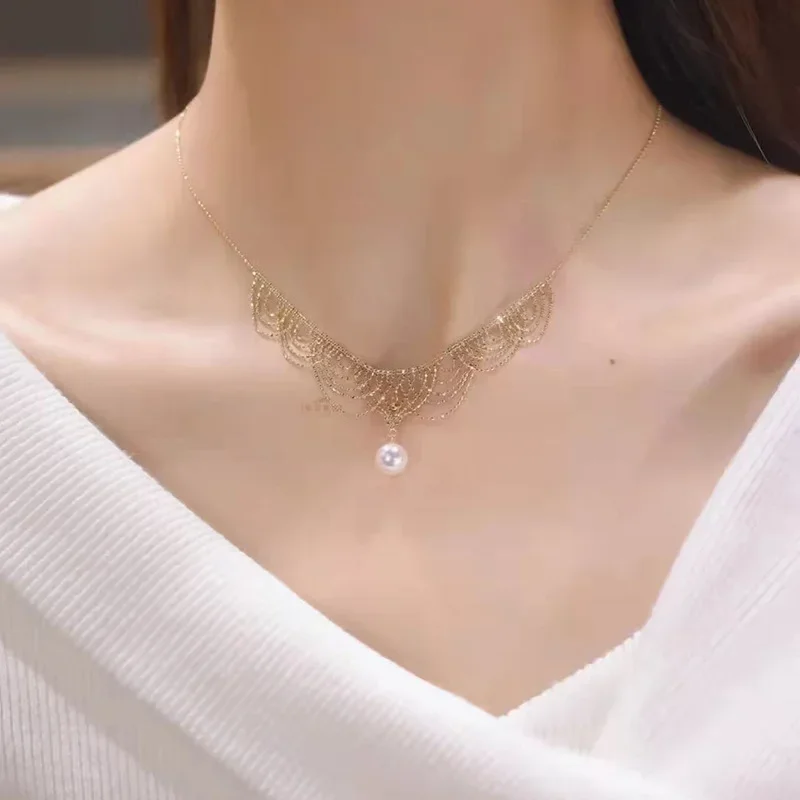 Captivating Goddess Pearl Lace Necklace Women Light Luxury Romantic Su Lace Woven Necklace Retro Palace Design Tassel Neck Chain