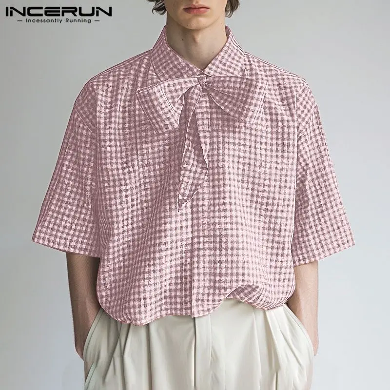 Handsome Well Fitting Tops INCERUN New Men\'s Twisted Plaid Pattern Shirts Summer Fashionable Hot Sale Short Sleeved Blouse S-5XL