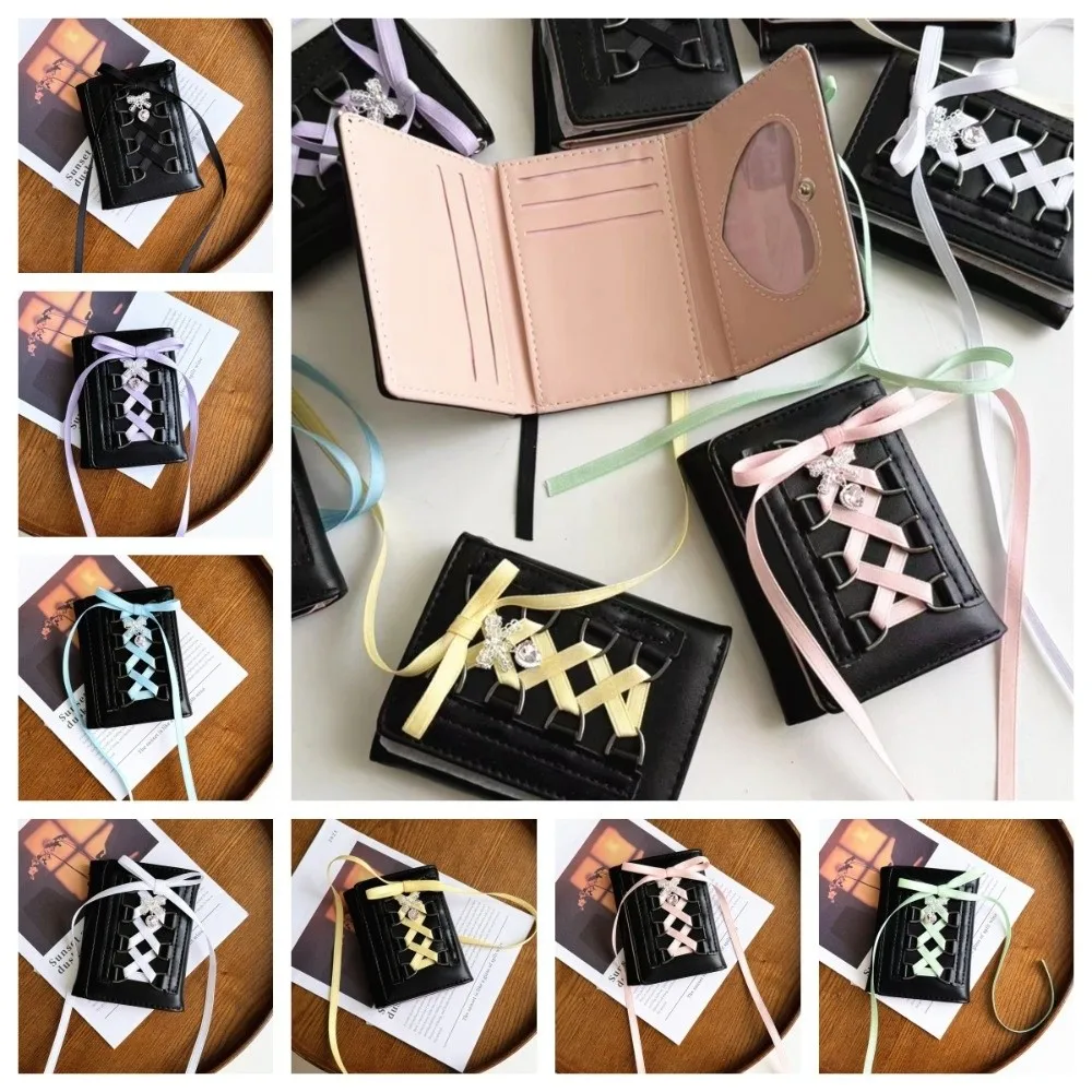 

Korean Style Balletcore Three Fold Wallet Silk Ribbon Heart Crystal Bow Cash Purse Bag PU Leather Short