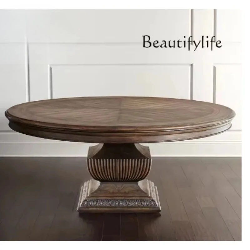 

American dining table light luxury solid wood carving round dining table and chair combination French retro old country simple