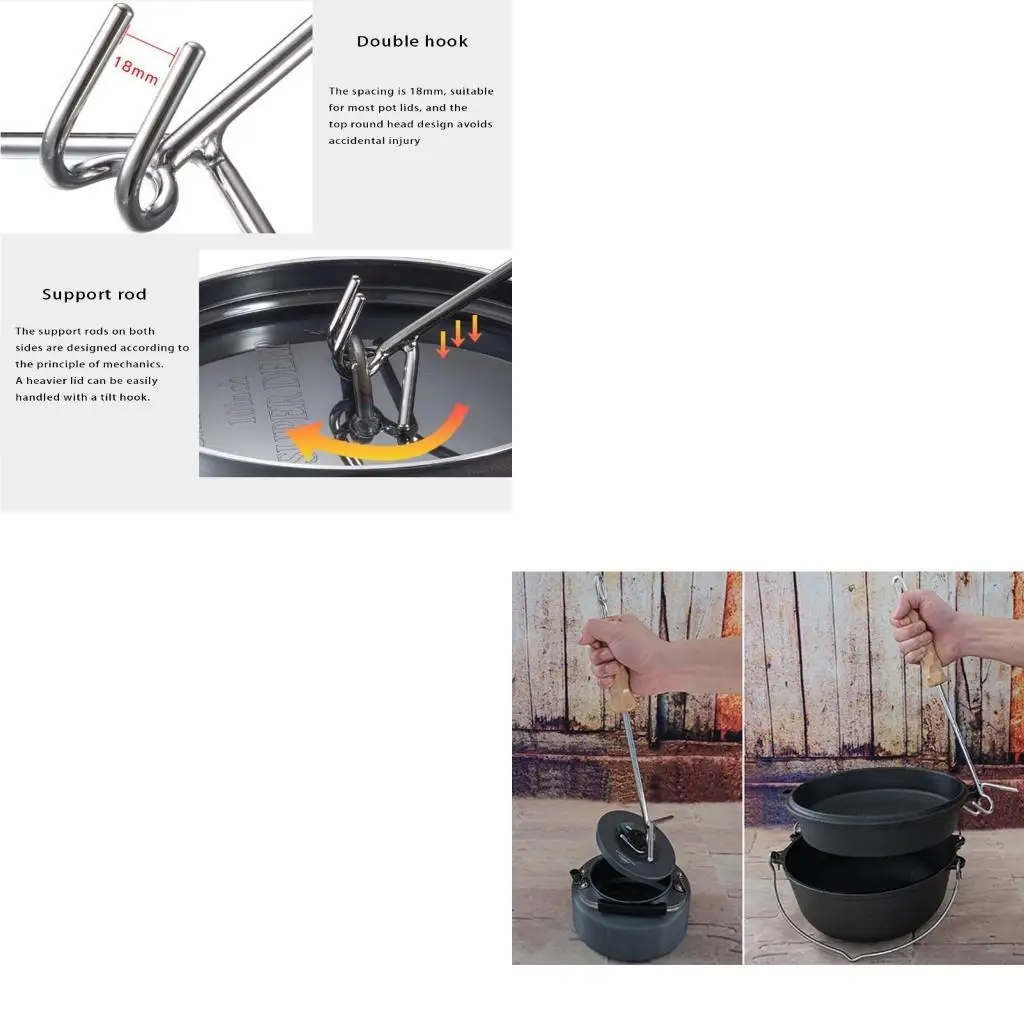 652F Oven Lid Lifter Stainless Steel Double Hook Oven Lid Wooden Handle Lifter Tool Anti-rust Lifter for Camping Hiking