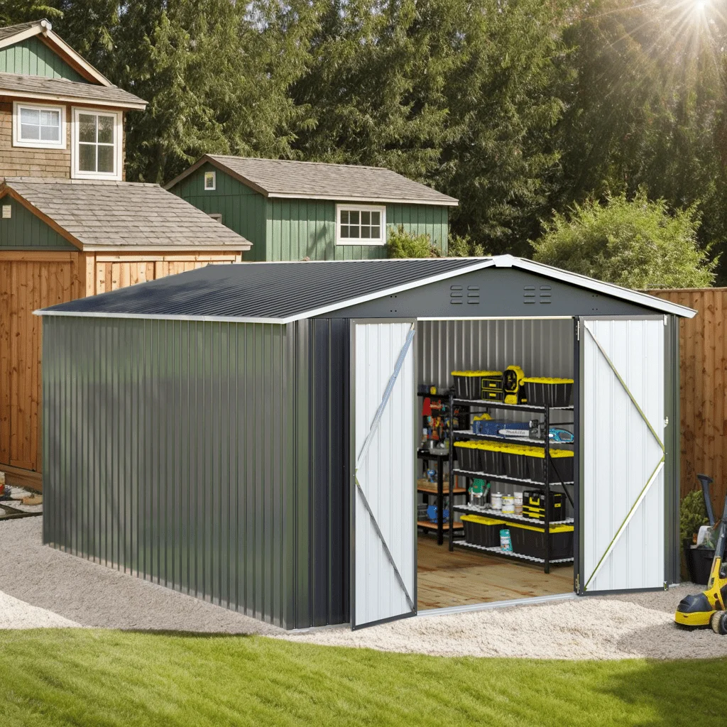 

Polar Aurora Outdoor Metal Tool Shed with Updated Frame Structure, Garden Storage for Backyard, Patio & Lawn, Black
