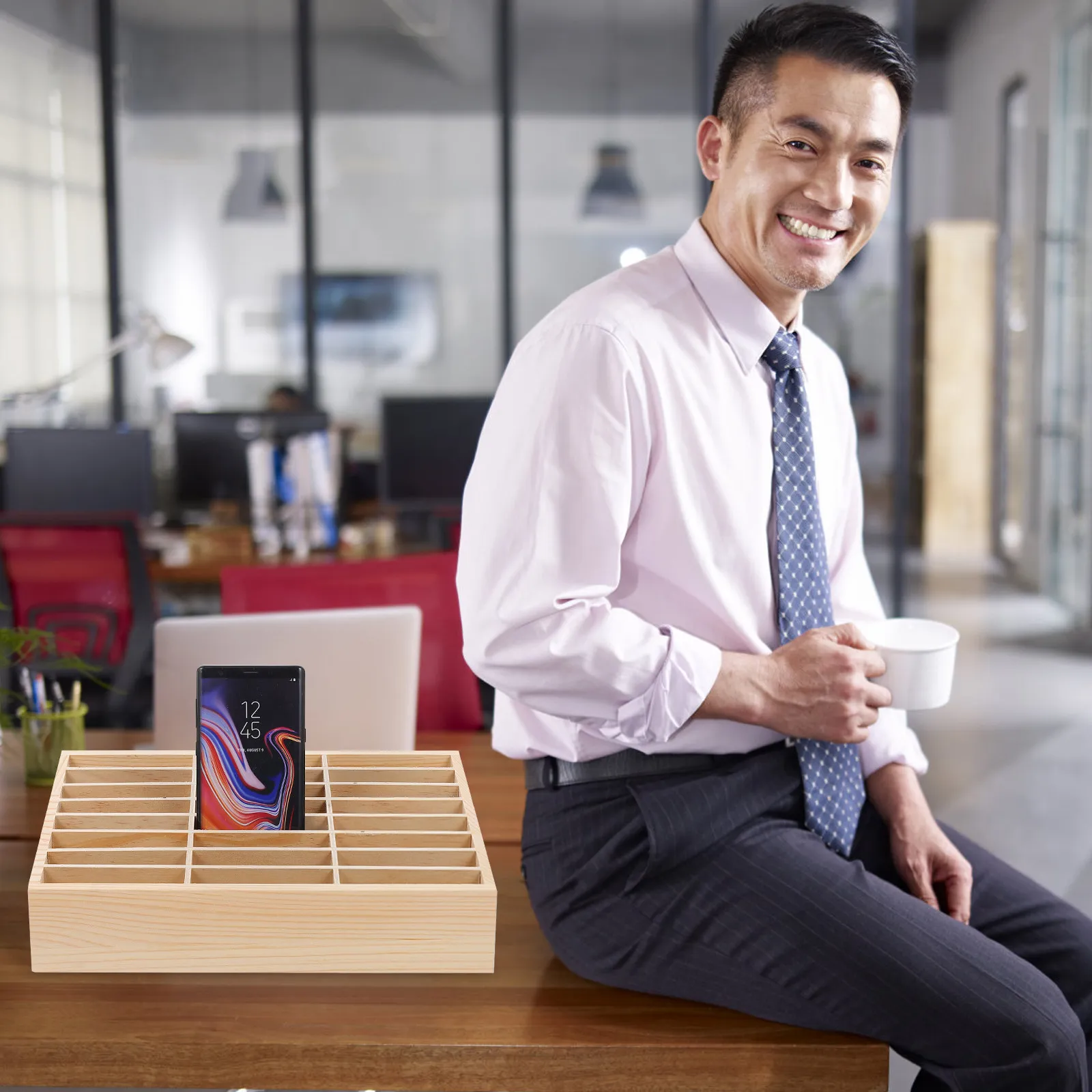 携帯電話収納ボックス、木製、多段式、整理整頓に最適、一時的なオフィス用、携帯電話スタンド、会議室用ディスプレイラック、卓上用。