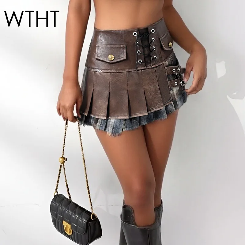 WTHT mode femmes Patchwork faux deux pièces jupes plissées 2026 printemps à la mode nouvelle taille haute a-ligne Mini jupe femme 1LS2803