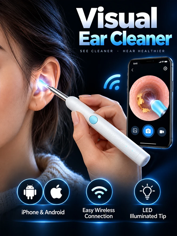 Visual Ear Cleaner with Camera Wireless Ear Wax Removal Tool HD Otoscope Ear Pick Ear Cleaning Kit USB Rechargeable