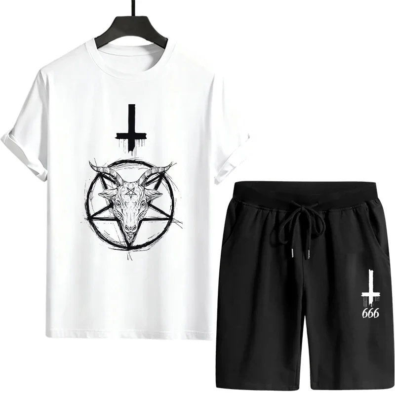 Satan Print Men's Tracksuit Crew Neck T-shirt and Black Shorts Urban Casual Fashion Tees Suit Spring Summer Comfort Cool Outfits