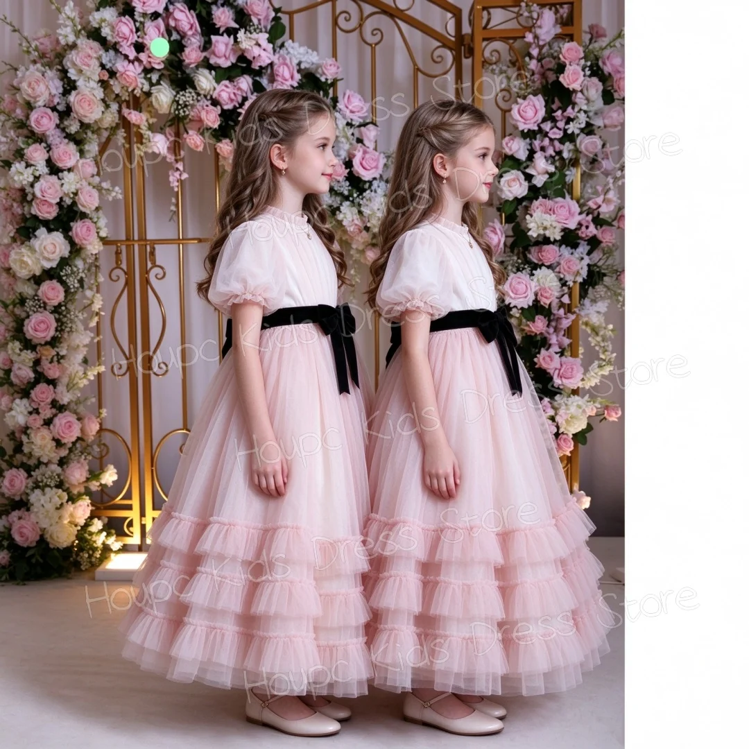 Girls' Pink Puffy Tulle Flower Dress, Stand Collar, Puff Sleeves, Black Belt, Multi-Layer Ruffled Long Gown, Kids' Wedding Forma