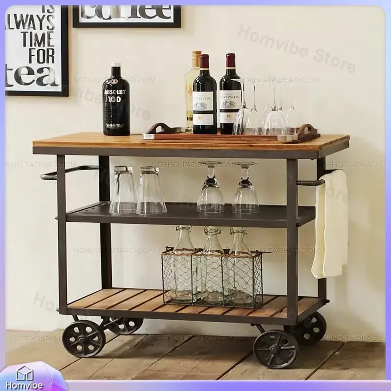 Retro Wrought Iron Wine Trolley Creative Mobile Small Dining Cart Solid Wood Serving Cart for Hotel Catering Bar Kitchen