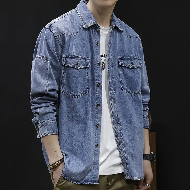 

Мужская джинсовая рубашка с длинным рукавом в американском стиле, повседневная, весенне-осенняя, с пуговицами, из смесового хлопка и полиэстера