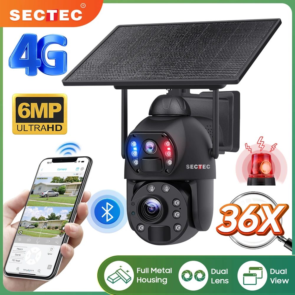 

SECTEC 6MP 36X Zoom Dual View Solar Battery 4G Solar Outdoor Surveillance Camera PTZ Camera Solar Cameras WIFI