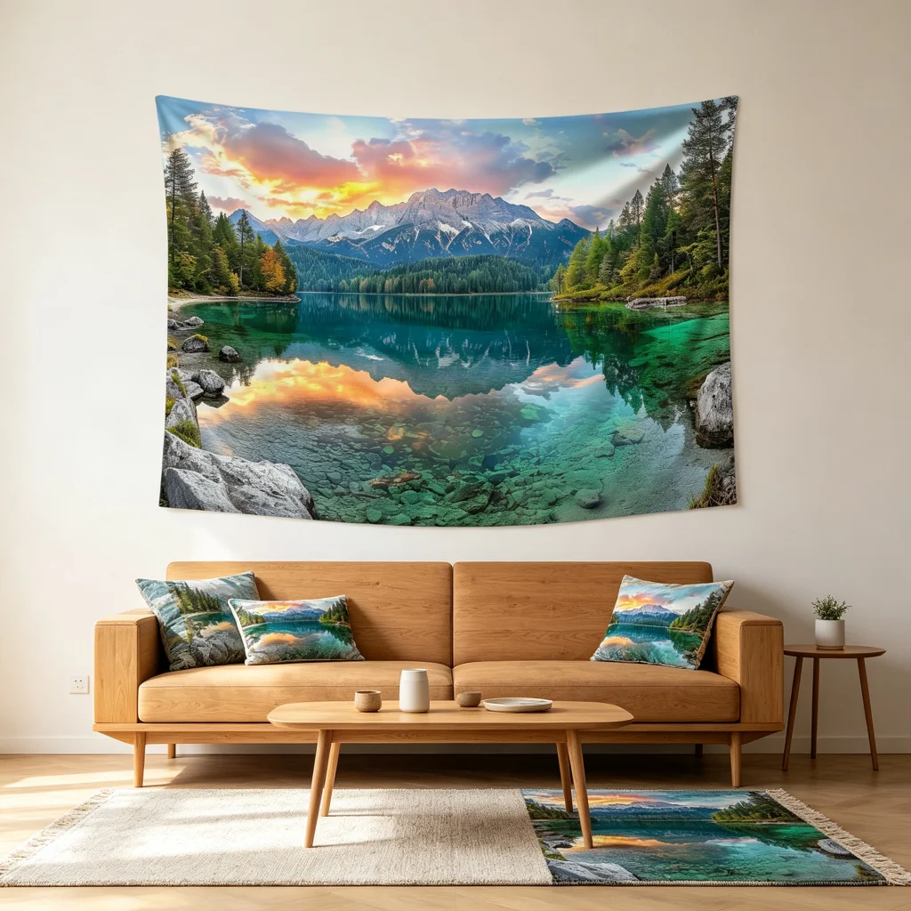 1PC Mountain Lake Sunset View Print Backdrop Banner, Bedroom Living Room Photo Background, Polyester, Home Decor, Wall Art