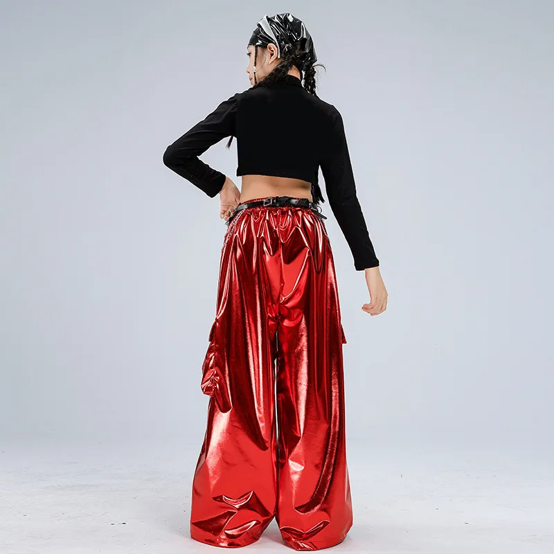 새로운 소녀 재즈 댄스 의상 빨간색 스팽글 댄스복 세트 크롭 긴팔 상의 헐렁한 바지 그룹 케이팝 댄스 무대 공연복