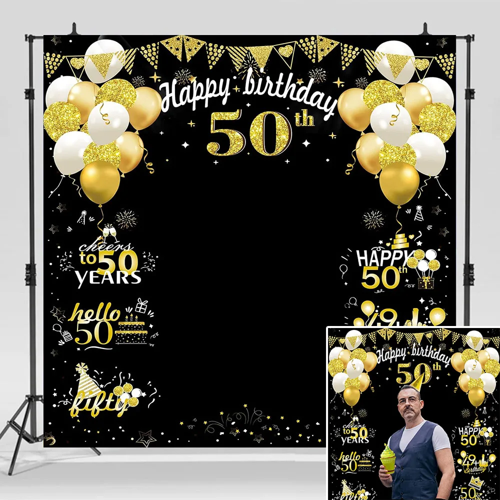 

50th Birthday Party Decoration Banner for Women Men Black Gold Fifty Cheers to 50 Years Old Photo Booth Photography Background