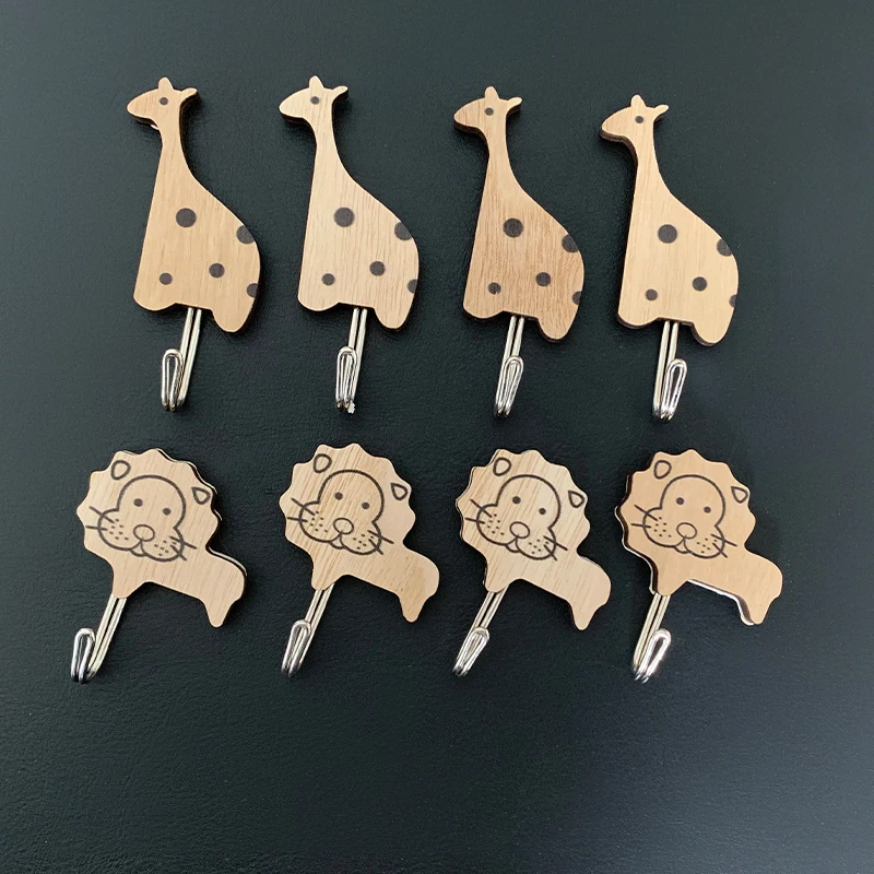 8 pieces, wooden cartoon animal hooks, can hang keys, hats, towels, self-adhesive household door hooks, can bear about 1 pound