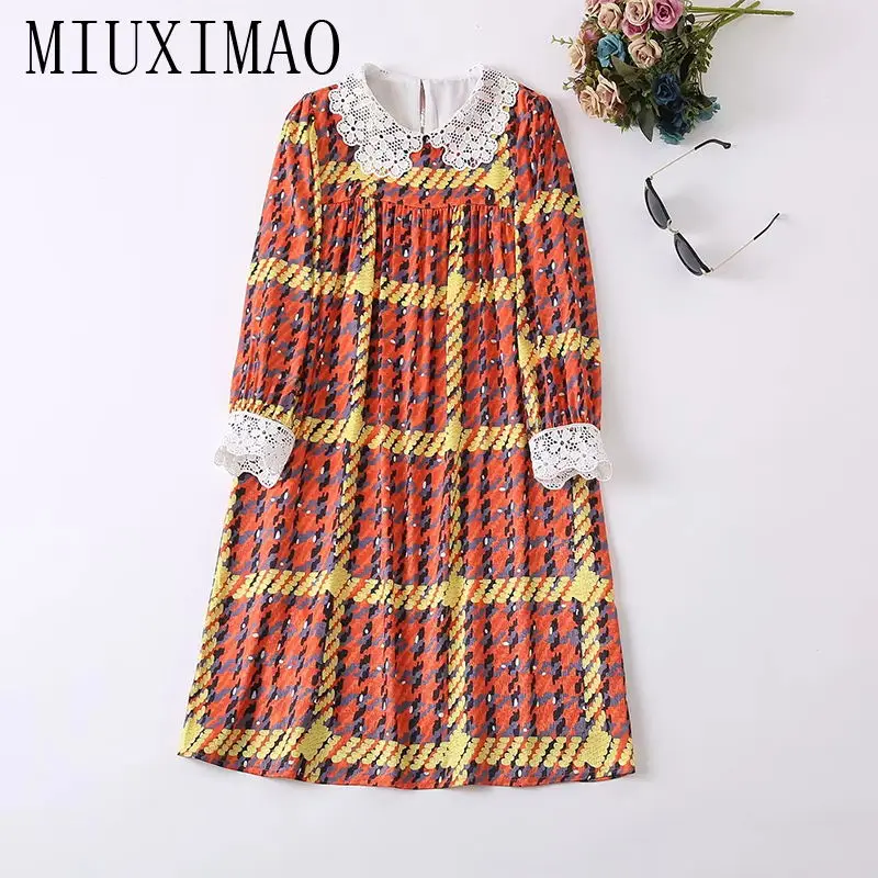 

MIUXIMAO 2022 High Quality Autumn&Winter Elegant Dress Long Sleeve Doll Collar Lace Print Fashion Mini Dress Women Vestide