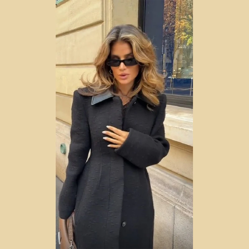 Shirt Collar Slim Fit Black Coat Fashion Single Breasted Long Sleeve High Street Overcoat 2025 New Winter High Street Outerwear