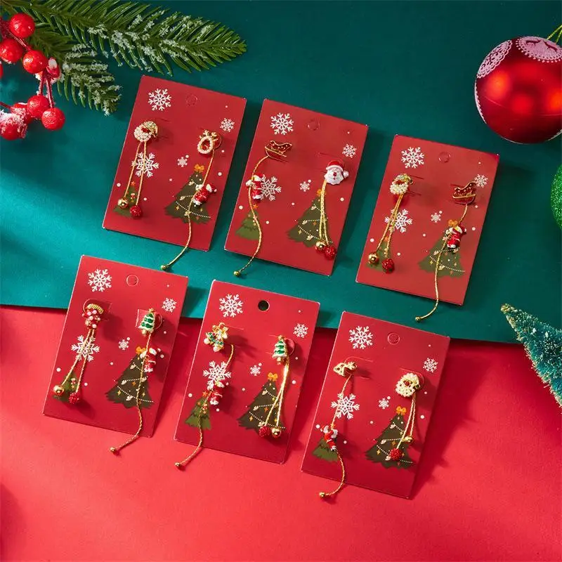 【IIOO】Moving Santa Claus Tassel Dangle Earrings For Women Christmas Tree Asymmetric Long Chain Gift