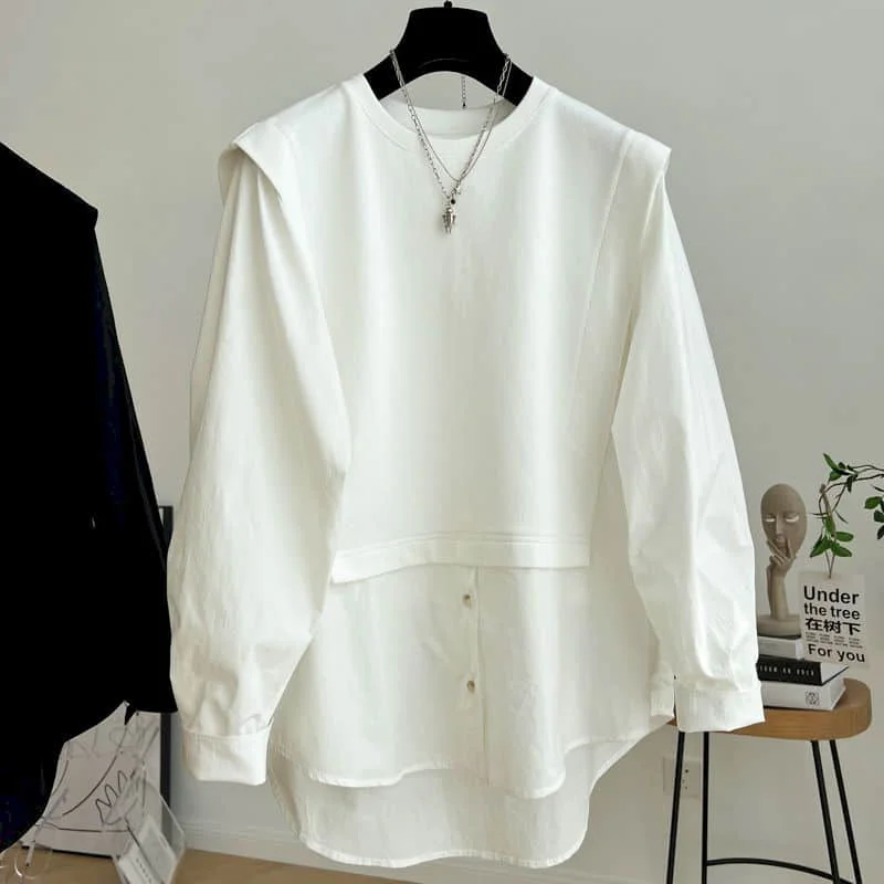 

Shirts for Women O-neck Korean Style Oversized Blouse Patchwork Fake Two Pieces Pullover Long Sleeved Casual Loose Women Tops