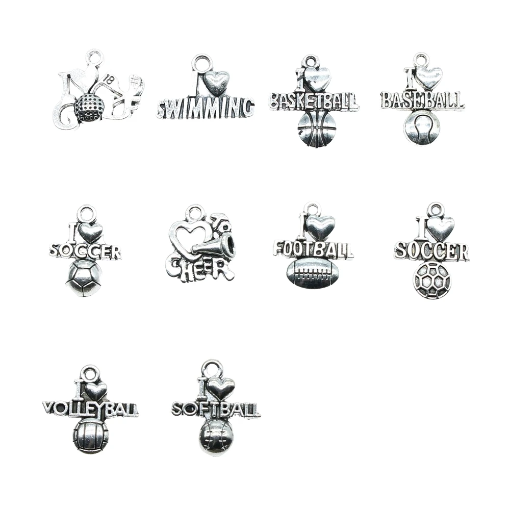 20pcs Charms I Love Sports Antique Silver Color Sport Charm Golf Basketball Baseball Football Volleyball Softball Gym Cheer