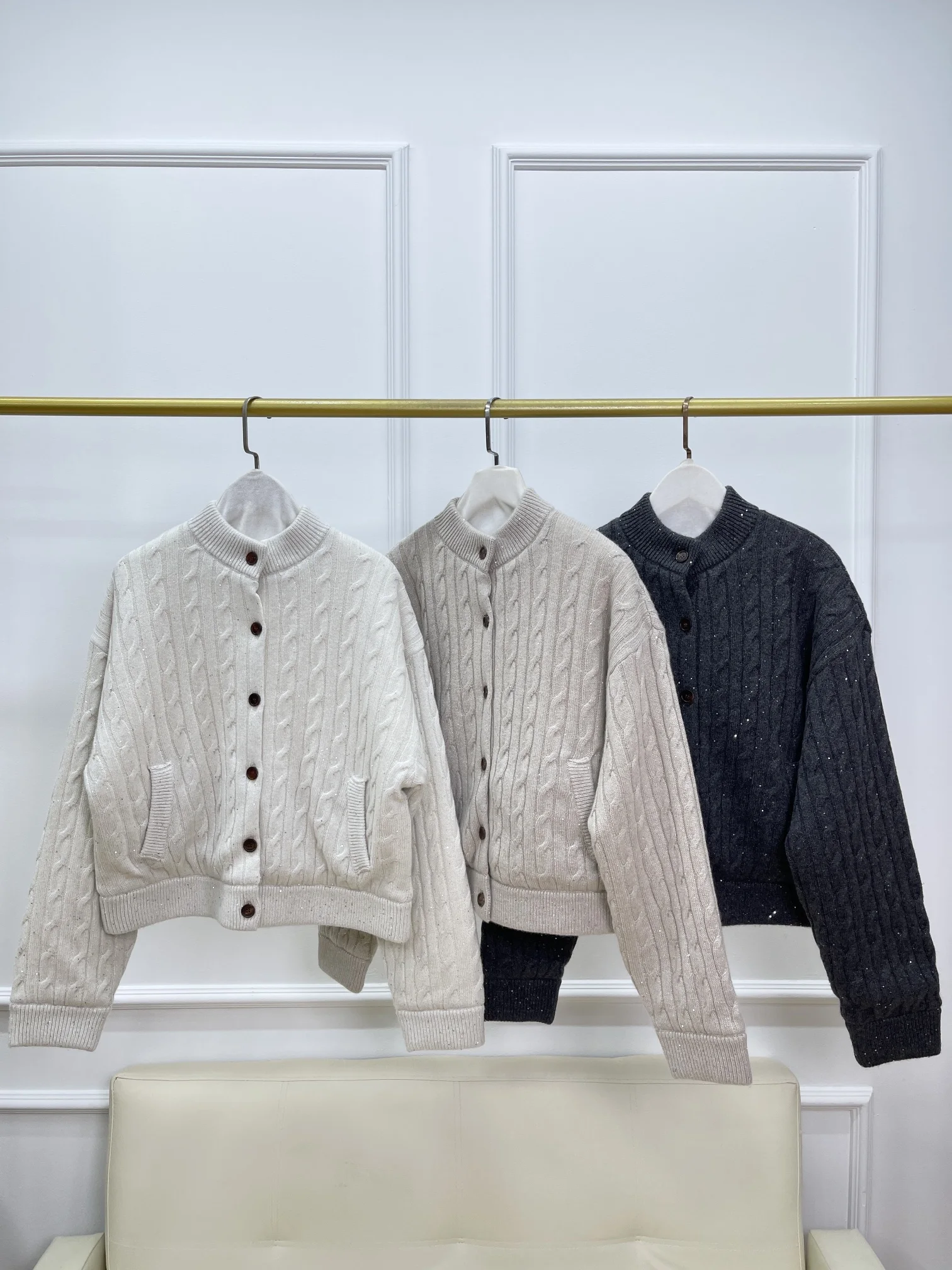 

Winter Women's Sequined Cashmere Coat Stand Collar Single Breasted Long Sleeve Fashion Goose Down Jacket