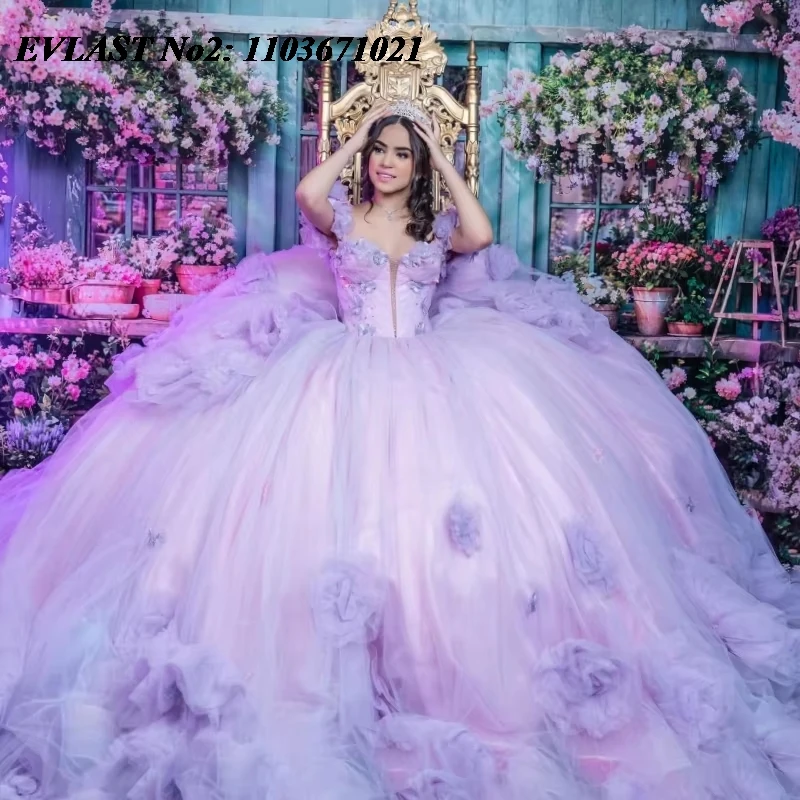 

EVLAST Customized Shiny Lilac Quinceanera Dress Ball Gown Floral Applique Beading Corset Sweet 16 Vestidos De 15 Anos E2Q11