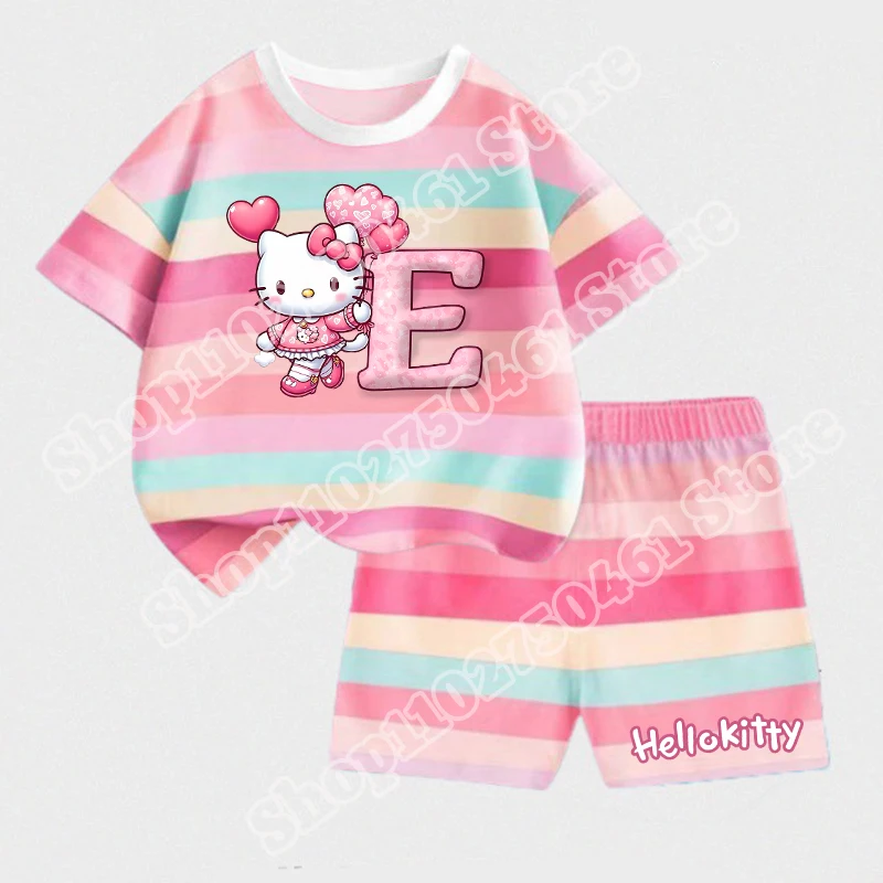 سانريو مرحبا كيتي الطفل قصيرة مخطط مجموعة الفتيات الكرتون رسالة A-Z قطعتين دعوى Kawaii ملابس الاطفال عادية ملابس الصيف