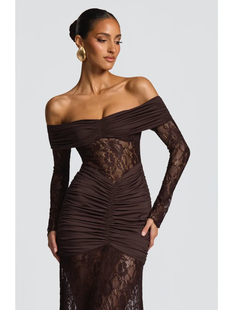 Articat elegante manga longa malha renda retalhos bodycon vestido feminino sexy fora do ombro sheer festa clube formal vestido de noite